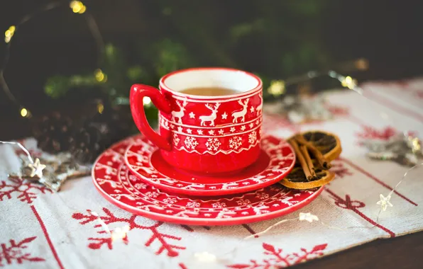 The dark background, table, holiday, tea, new year, Christmas, lights, mug