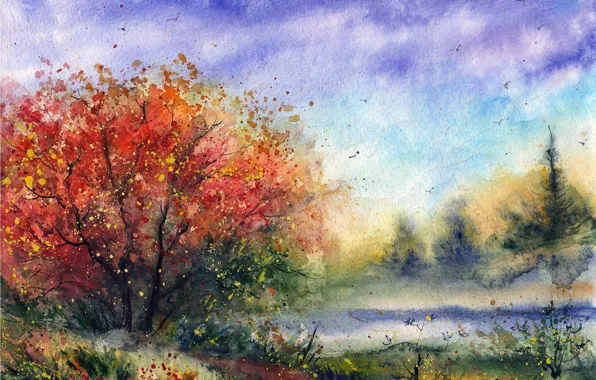 Road, flowers, birds, tree, watercolor, painted landscape