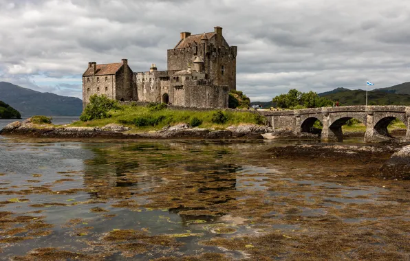 Clouds, algae, bridge, castle, shore, Scotland, arch, architecture