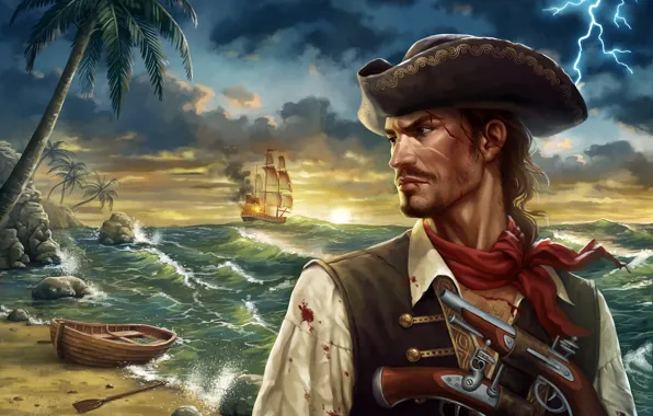 Picture sea, wave, palm trees, lightning, blood, ship, art, pirate