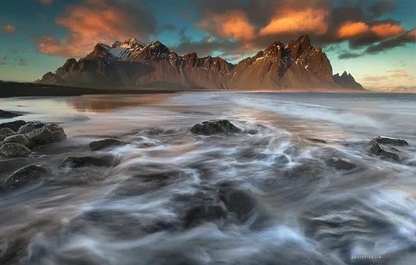 Sea, wave, mountains, excerpt, Iceland, Vestrahorn