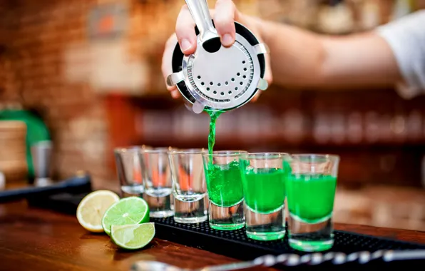 Green, cocktail, glasses, bartender