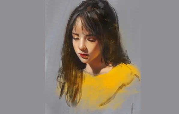 Picture face, eyelashes, sponge, grey background, long hair, closed eyes, yellow jacket, portrait of a girl