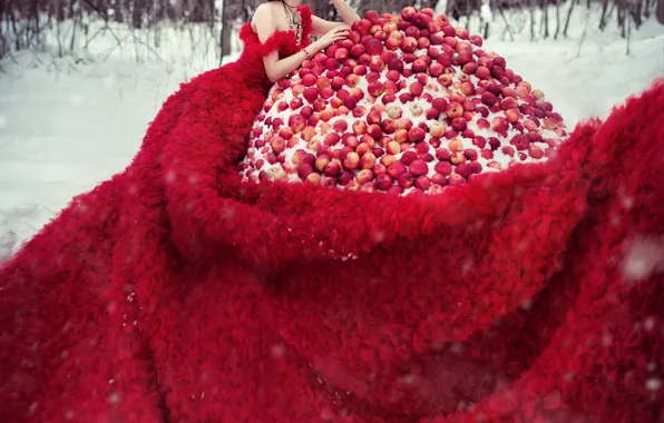 Winter, girl, snow, nature, red, apples, winter, mountain