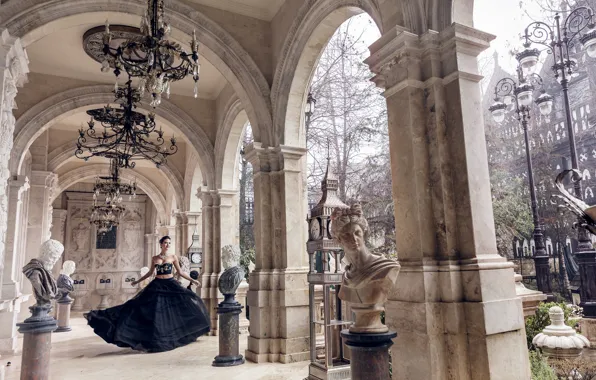Girl, dress, outfit, architecture, statues, chandeliers