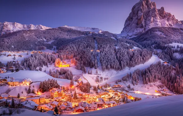 Picture winter, light, snow, mountains, night, the evening, Alps, town