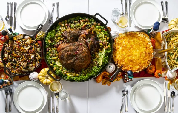 Greens, table, chicken, devices, Goodies, spices, serving, potatoes