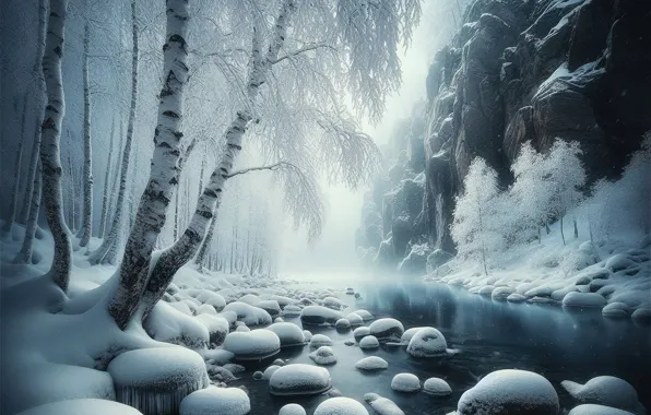 Winter, forest, snow, nature, stones, the snow, birch, pond