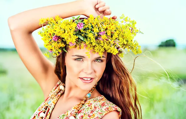 Picture field, summer, girl, flowers, chamomile, yellow, dress, beads