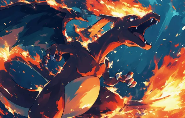 Fire, flame, wings, anime, mouth, claws, roar, pokemon
