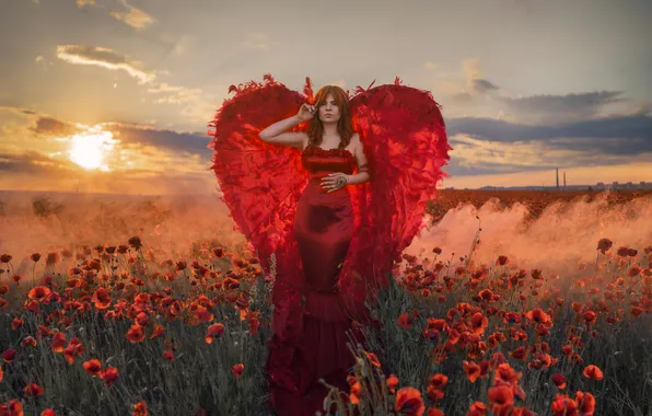 Field, summer, girl, light, style, Maki, wings, angel