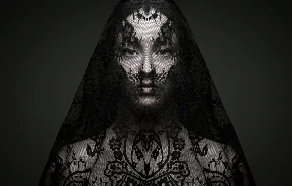 Girl, face, pattern, veil, simetriya