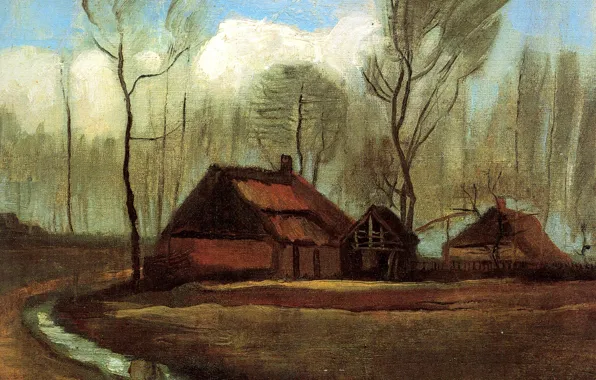 Picture puddle, Vincent van Gogh, Farmhouses Among Trees