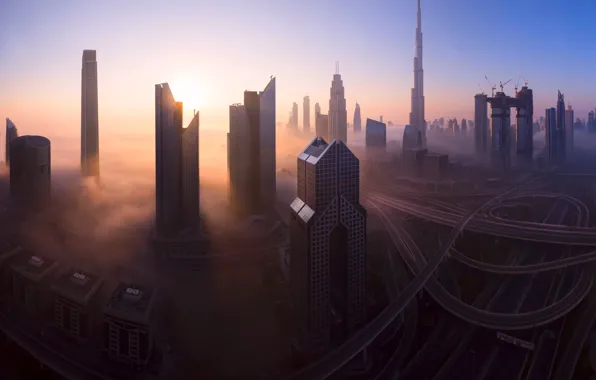 The city, fog, morning, Dubai, UAE