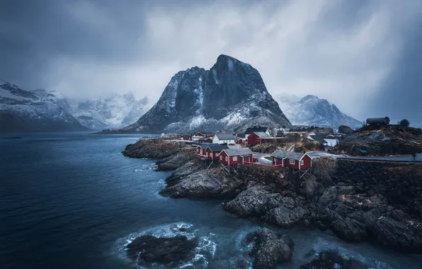 Mountains, rocks, Norway, the village, the fjord, The Lofoten Islands