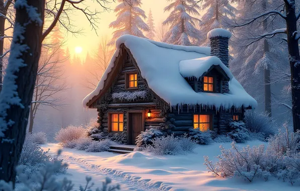 House, forest, sunset, winter, snow, sunrise, wooden, cottage