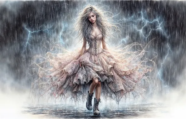 The storm, girl, night, rain, lightning, shoes, dress, puddle