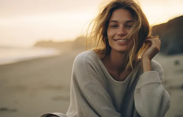 Picture sea, beach, look, girl, nature, pose, smile, the wind