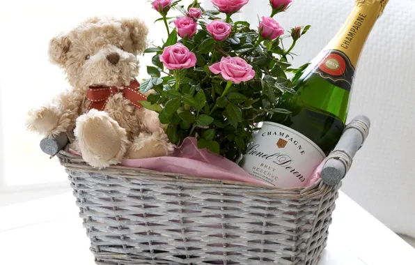 Flowers, basket, bottle, roses, bouquet, bear, champagne, plush