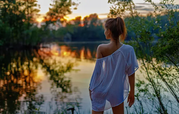 Girl, nature, pose, river, blouse, shoulder, tunic, Leonid Mochulsky