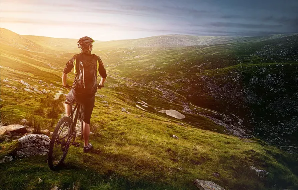Grass, landscape, mountains, bike, stones, shorts, slope, glasses