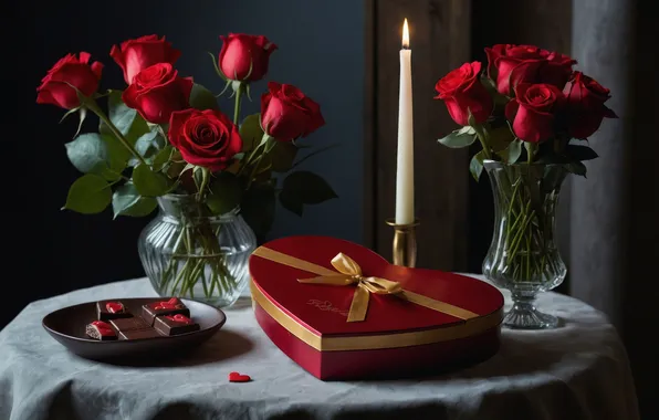 Love, flowers, the dark background, table, room, holiday, box, gift