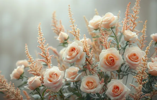 Flowers, roses, bouquet, gentle, orange, twigs, cream, AI art