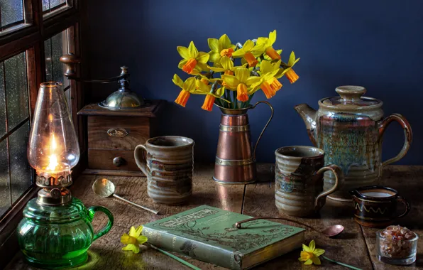 Flowers, style, lamp, bouquet, book, mugs, still life, daffodils