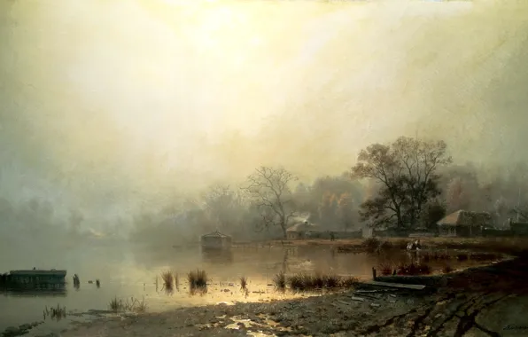 Autumn, water, trees, fog, shore, picture, painting, Kamenev