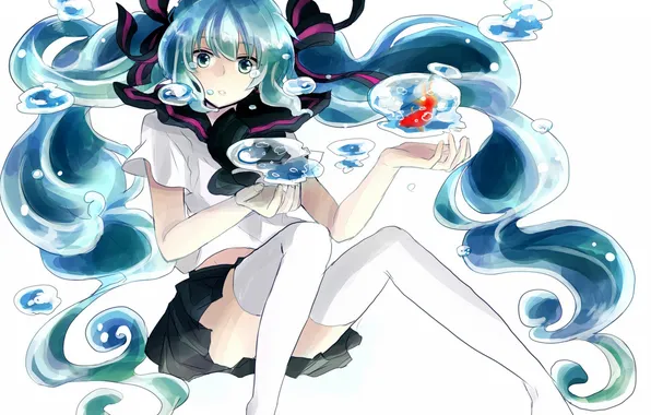 Water, girl, drops, fish, art, schoolgirl, vocaloid, Vocaloid