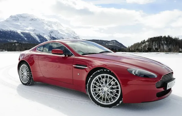 The sky, snow, mountains, red, Aston Martin, Vantage, supercar, the front