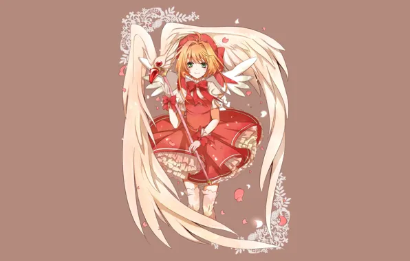 Wings, Sakura, dress, staff, Cardcaptor Sakura