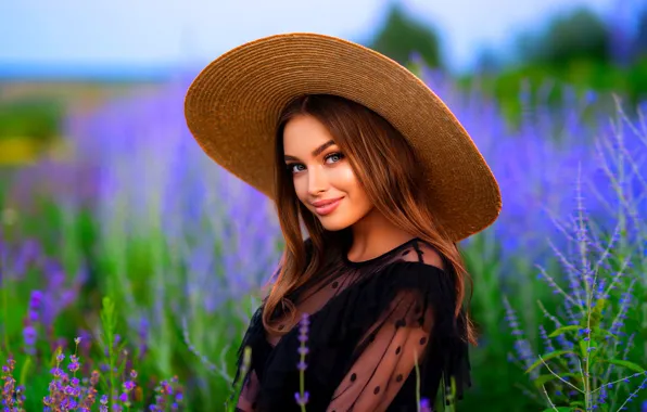 Picture field, look, girl, nature, smile, portrait, hat, Olga Boyko