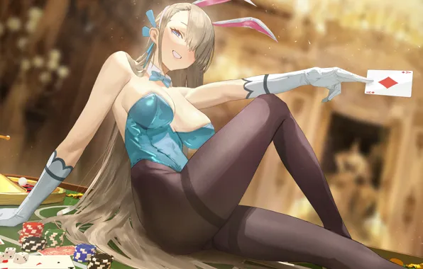 Girl, map, chips, casino, rabbit costume, Blue Archive, poker table, Ichinose Asuna