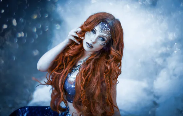 Picture look, girl, face, background, mermaid, makeup, long hair, curls