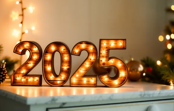Balls, light, lights, table, figures, New year, garland, date