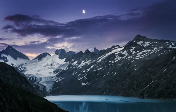The sky, clouds, snow, mountains, nature, lake, rocks, the moon