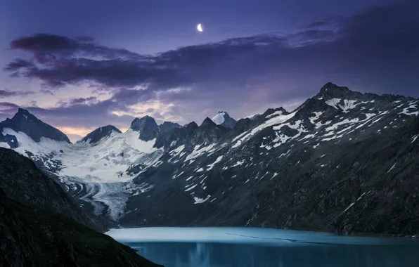 Picture the sky, clouds, snow, mountains, nature, lake, rocks, the moon