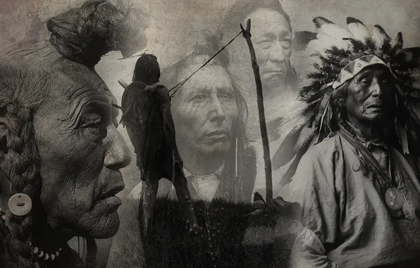 Collage, figure, black and white, the Indians, leaders