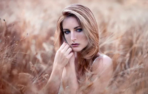 Field, grass, nature, model, portrait, makeup, hairstyle, freckles