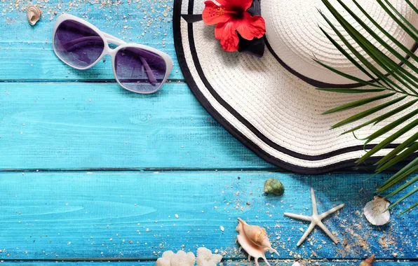 Beach, summer, stars, stay, hat, glasses, shell, summer
