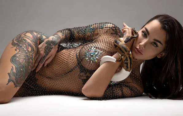 Girl, sexy, snake, panties, boobs, model, tattoo, brunette