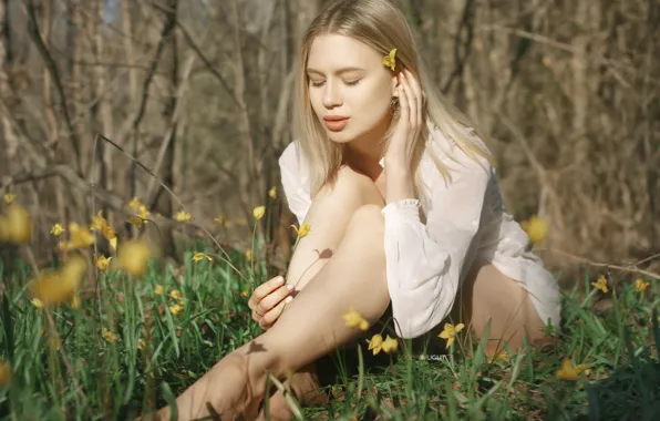 Girl, flowers, nature, face, pose, feet, spring, blonde