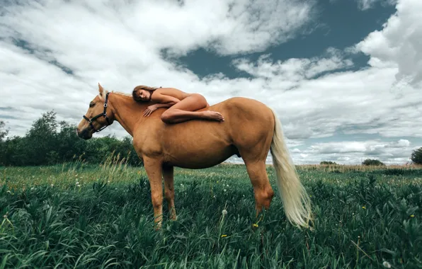 Field, grass, girl, nature, pose, model, horse, naked