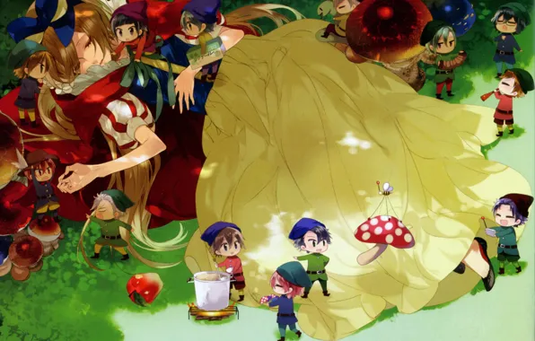 Grass, Apple, sleep, mushroom, dwarves, guys, snow white, art