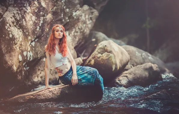 Picture sea, look, girl, rocks, tattoo, red, photographer, sitting
