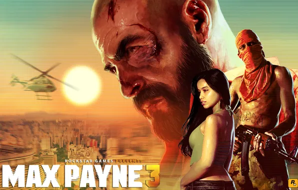 Picture city, girl, AK-47, sun, helicopter, max payne 3