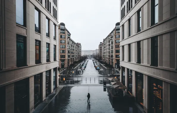 Fog, street, people, architecture, Berlin