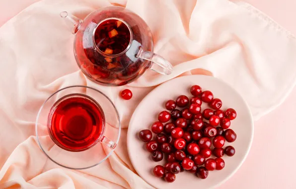 Red, berries, tea, silk, kettle, plate, Cup, fabric