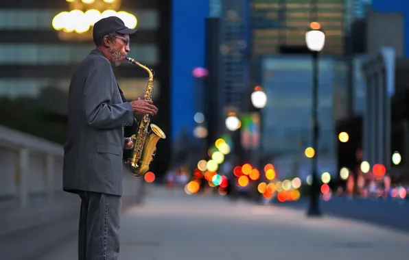 Street, people, saxophone